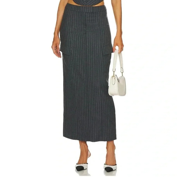 New Bec + Bridge Pine Maxi Skirt Cargo Wool Blend Revolve in Gray Pinstripe US 2 - Picture 1 of 13